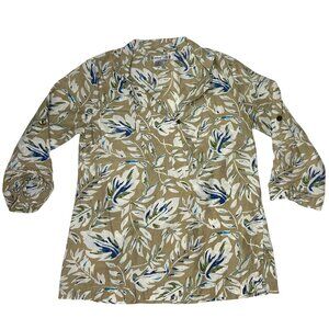 WinterSilks womens hawaiian 3/4 sleeve single button blue tan floral shirt S